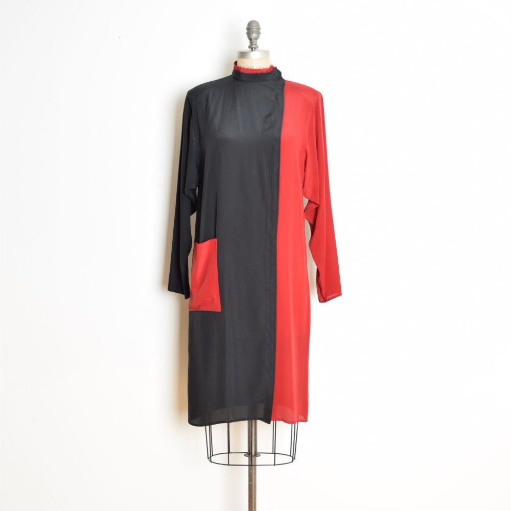 vintage 80s dress black red color block futuristic mod modest space age M